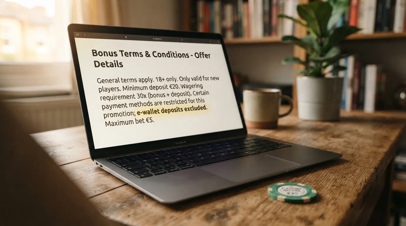 A split-comparison visual: on one side, a casino bonus T&Cs page with “Neteller deposits excluded” highlighted; on the other, a casino promotion page with no e-wallet restriction.