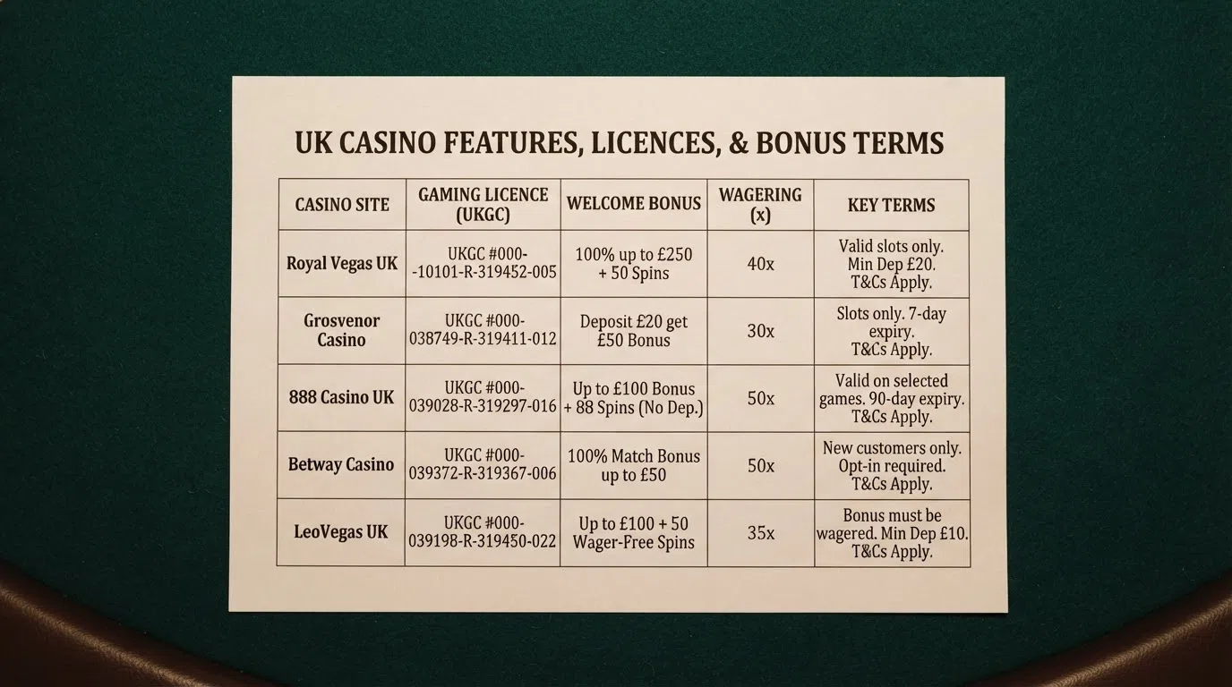 A comparison table listing ten UK casino brands with licence, bonus and wagering columns