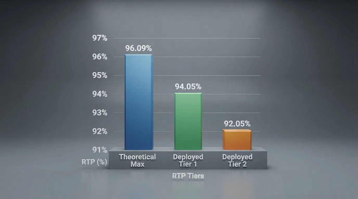 A bar chart showing one slot's RTP at 96.09% against two lower tiers at 94.05% and 92.05%