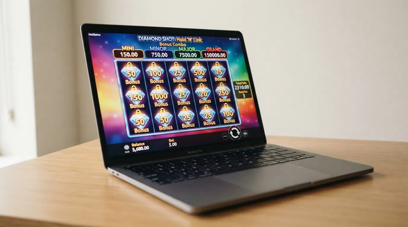 A screenshot of a NetGame slot in play, showing the Hold 'N' Link feature active with jackpot tiers visible on screen