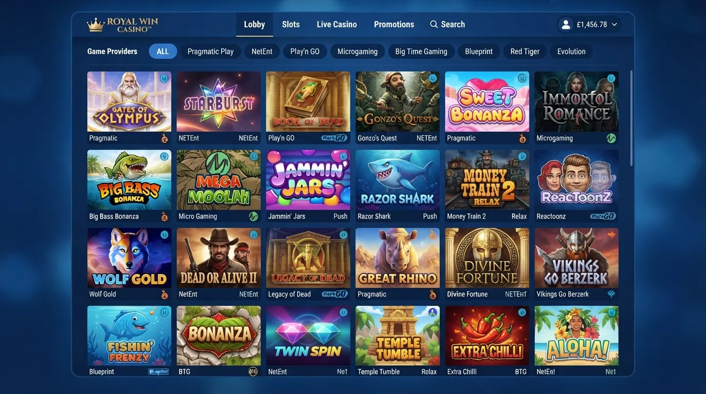 A grid of slot-game thumbnails from multiple providers including Pragmatic Play and NetEnt, shown inside a casino lobby with provider filters visible