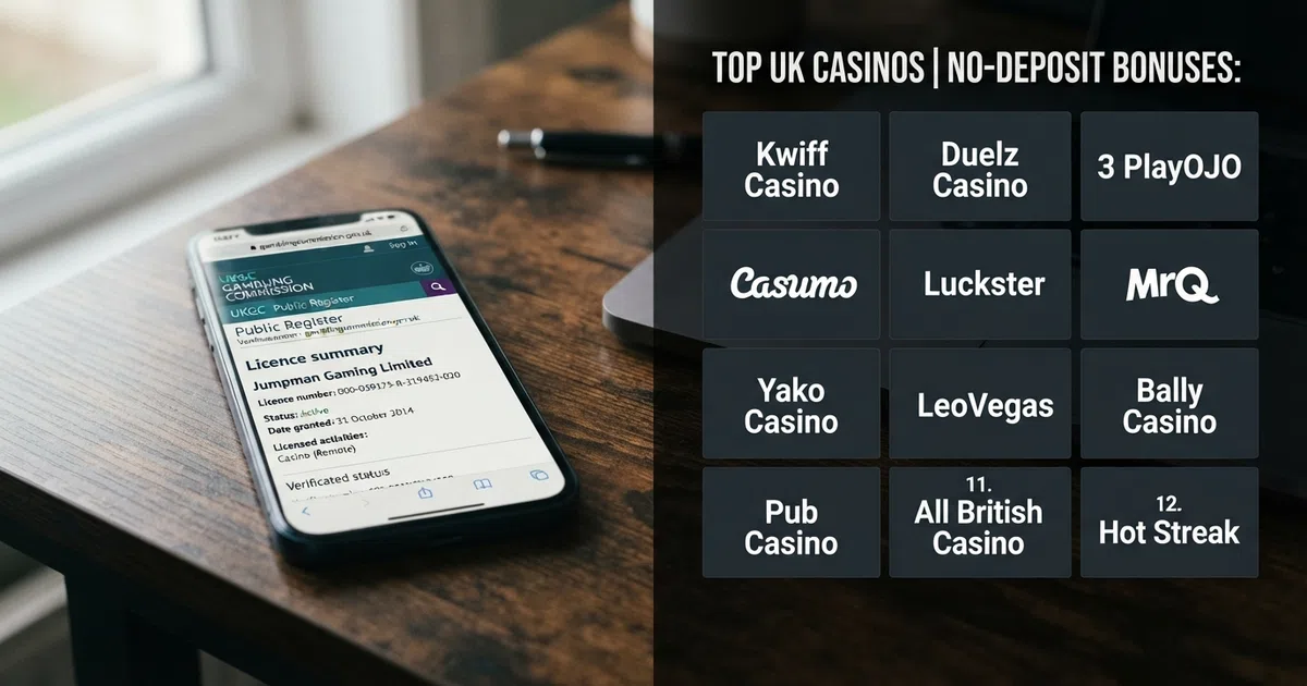 A split-screen comparing a smartphone displaying a UKGC licence verification page on the left with a grid of newest UK casino brand logos and welcome-offer badges on the right, on a clean dark background
