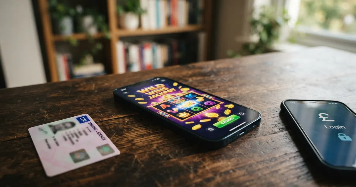 A smartphone screen showing a casino game alongside a UK driving licence and a bank app login screen, with a padlock icon between them.