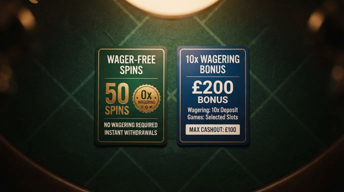 A side-by-side visual of two offer cards — one labelled "Wager-Free" with a green zero-wagering badge and spin count, the other labelled "10x Wagering" with a wagering-requirement breakdown and cashout cap