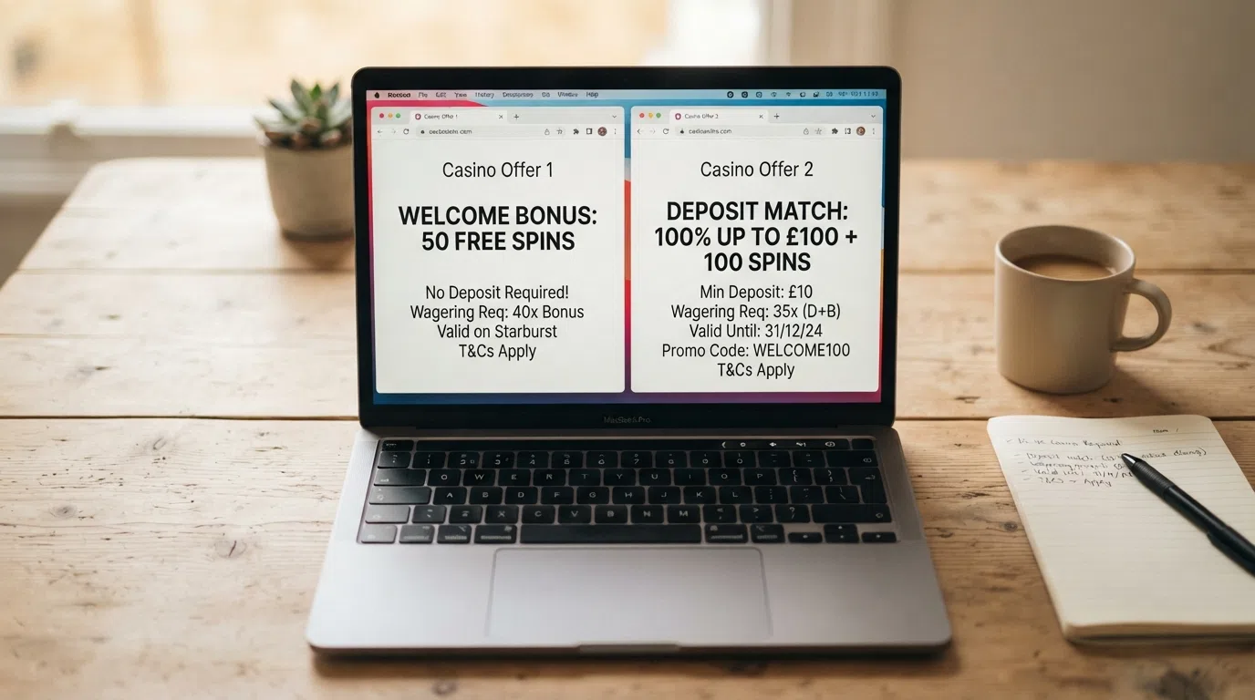 A desktop browser showing a side-by-side view of casino welcome-offer summaries with different free-spin counts, wagering labels, and validity dates