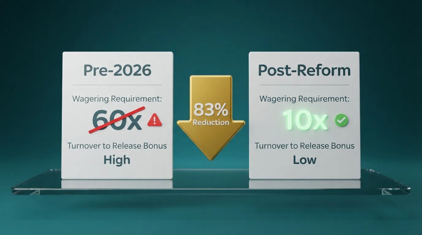 A simplified visual comparison — a pre-2026 bonus term sheet showing 60x wagering beside a post-reform term sheet showing 10x wagering, with the turnover figures crossed out and the new lower figure highlighted