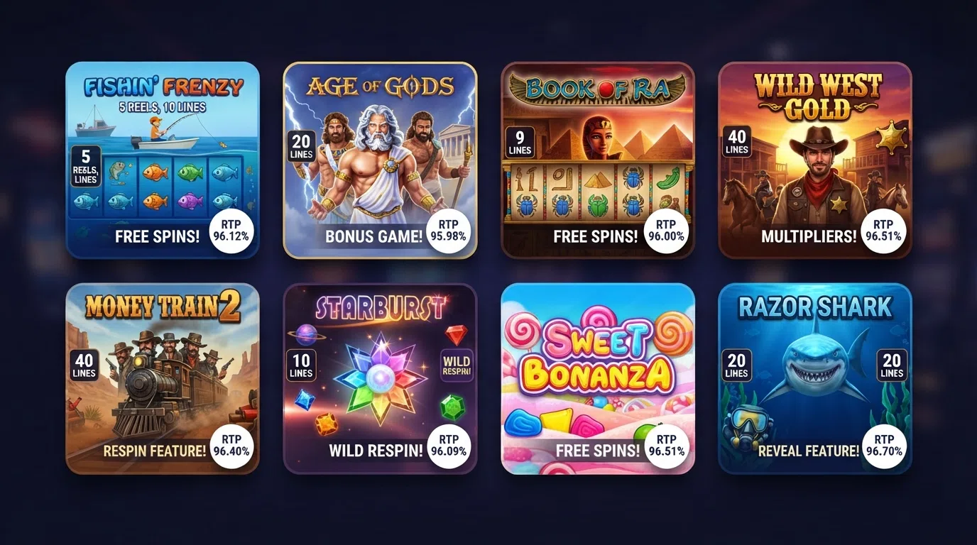 A grid of eight popular slot-game tiles arranged in a casino lobby view — Big Bass Bonanza, Gates of Olympus, Book of Dead, Money Train 2, Starburst, Dead or Alive II, Sweet Bonanza and Fishin' Frenzy Megaways — each showing its cover art and a small RTP badge