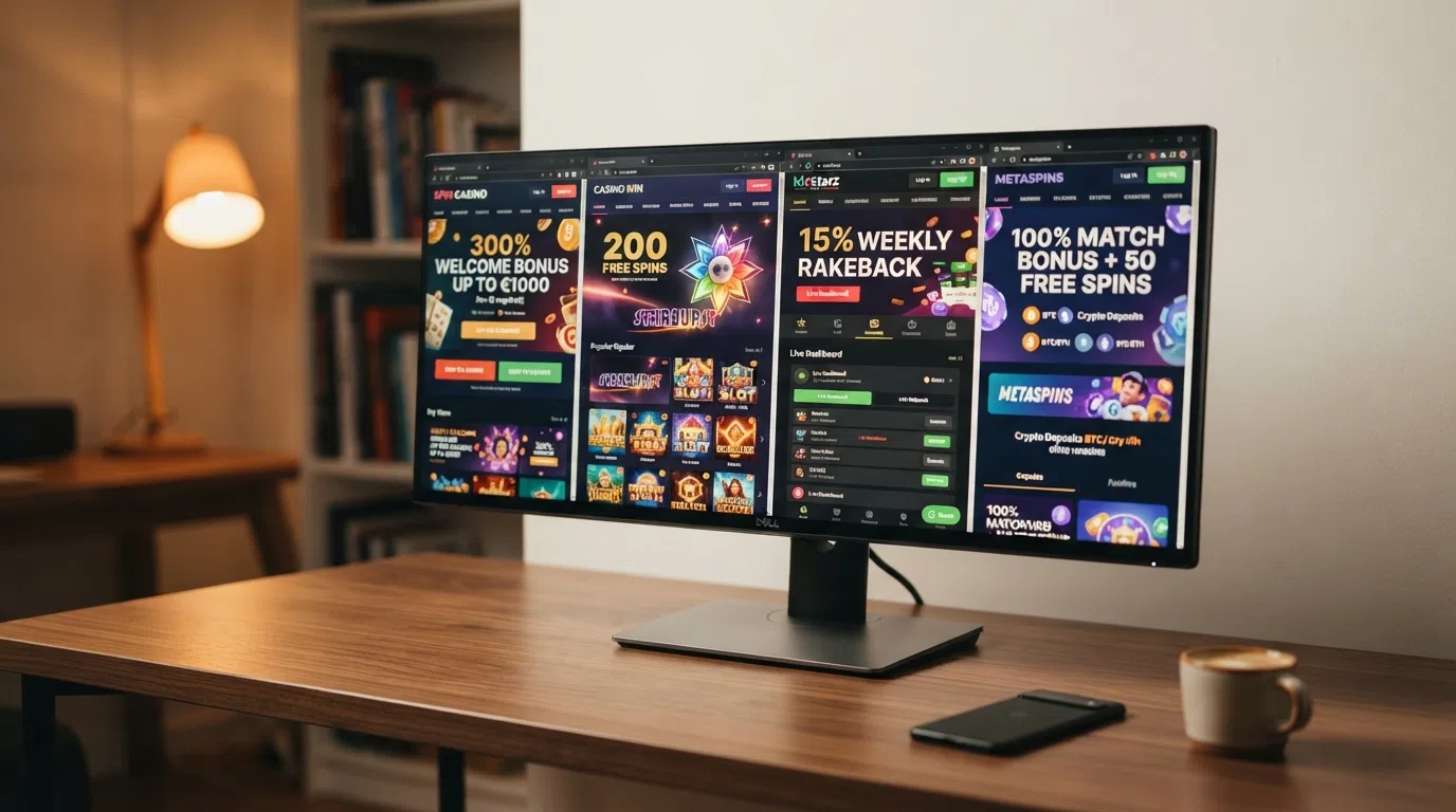 A desktop view of casino homepages arranged side by side showing different welcome-bonus banners — a 300% match, a 200% match, a set of free-spins tiles, and a rakeback dashboard — illustrating the range of offer types across the featured operators