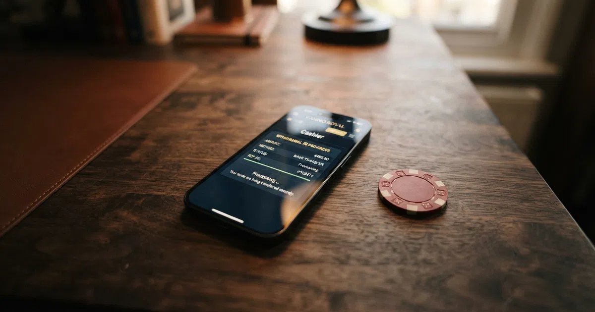A smartphone showing a casino cashout screen, with an ID card crossed out beside it