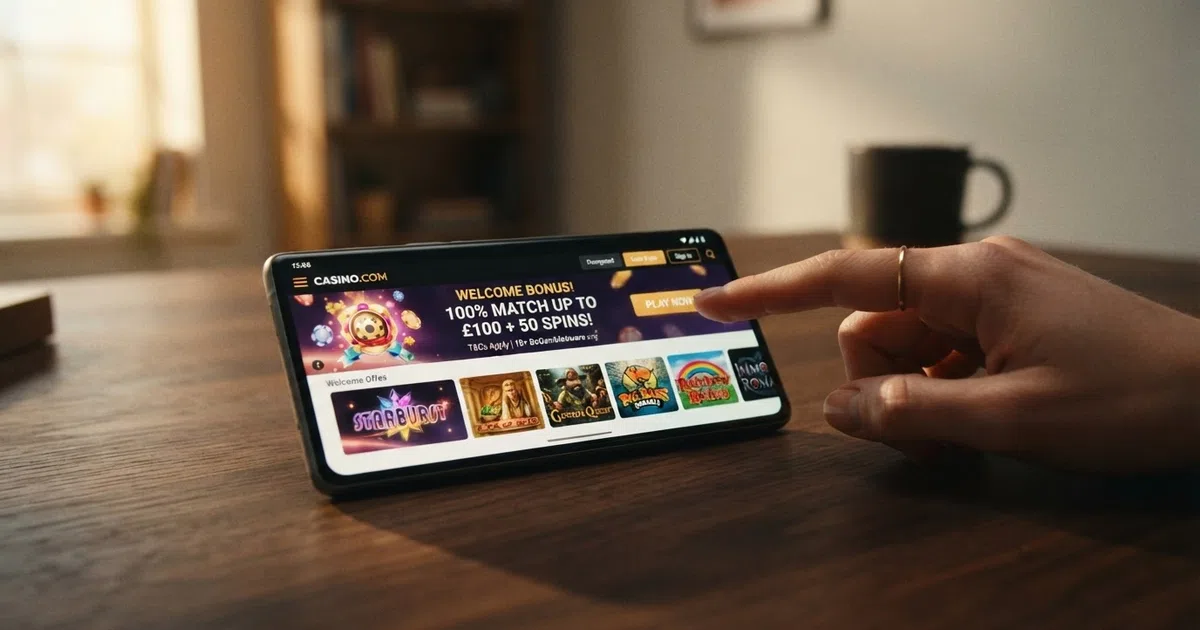 A smartphone screen displaying the homepage of a UK-licensed online casino with a welcome offer banner and slot game thumbnails visible