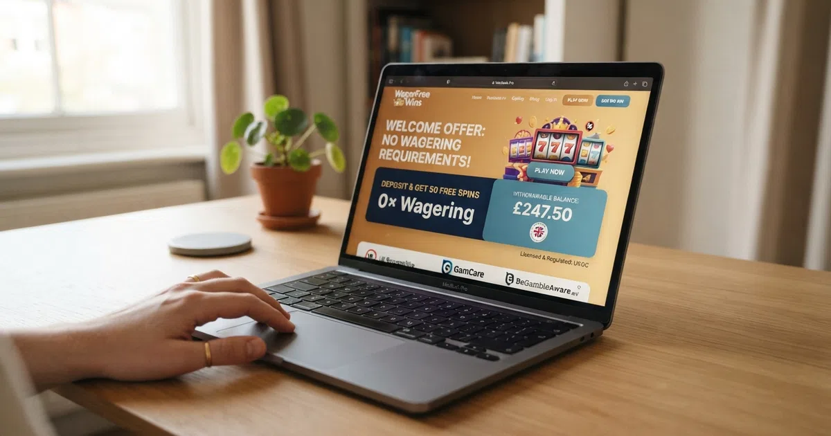 A UKGC licence badge beside a casino welcome-offer screen displaying “0× wagering” next to a withdrawable cash balance with no locked bonus funds