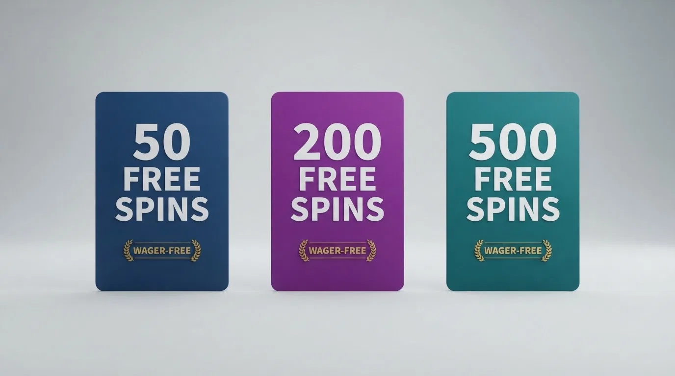 A split-screen comparison of three UK casino sign-up offer cards showing different free-spin counts, wagering multipliers and minimum deposit amounts side by side