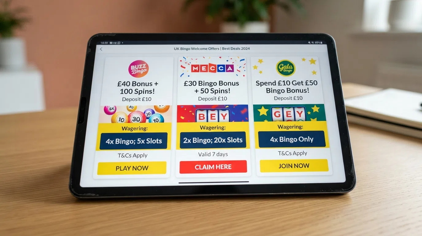 A side-by-side layout of bingo-site welcome-offer summaries with the wagering-requirement figure highlighted on each