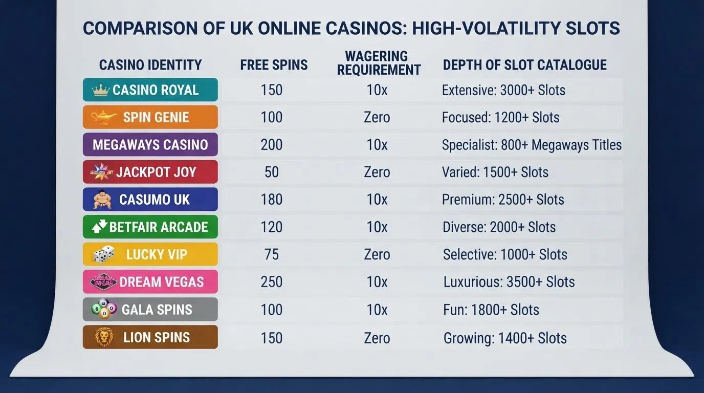 A clean comparison table showing ten UK casino logos alongside their welcome-offer free-spin counts, wagering multipliers and Nolimit City catalogue depth ratings