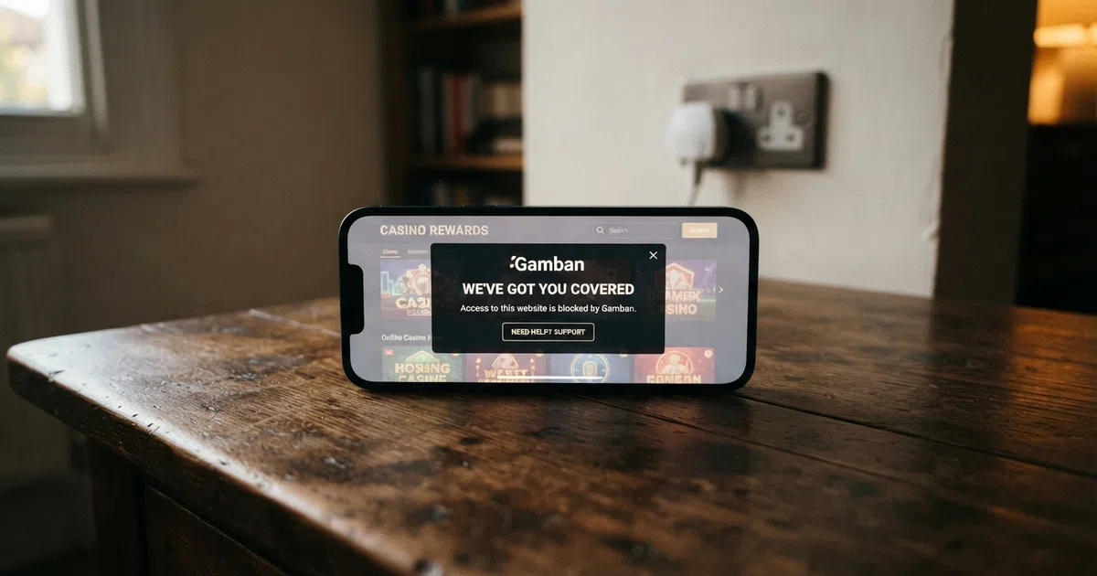 A smartphone screen showing a Gamban "blocked" notification overlaid on an online casino homepage, with a UK three-pin plug socket visible in the background