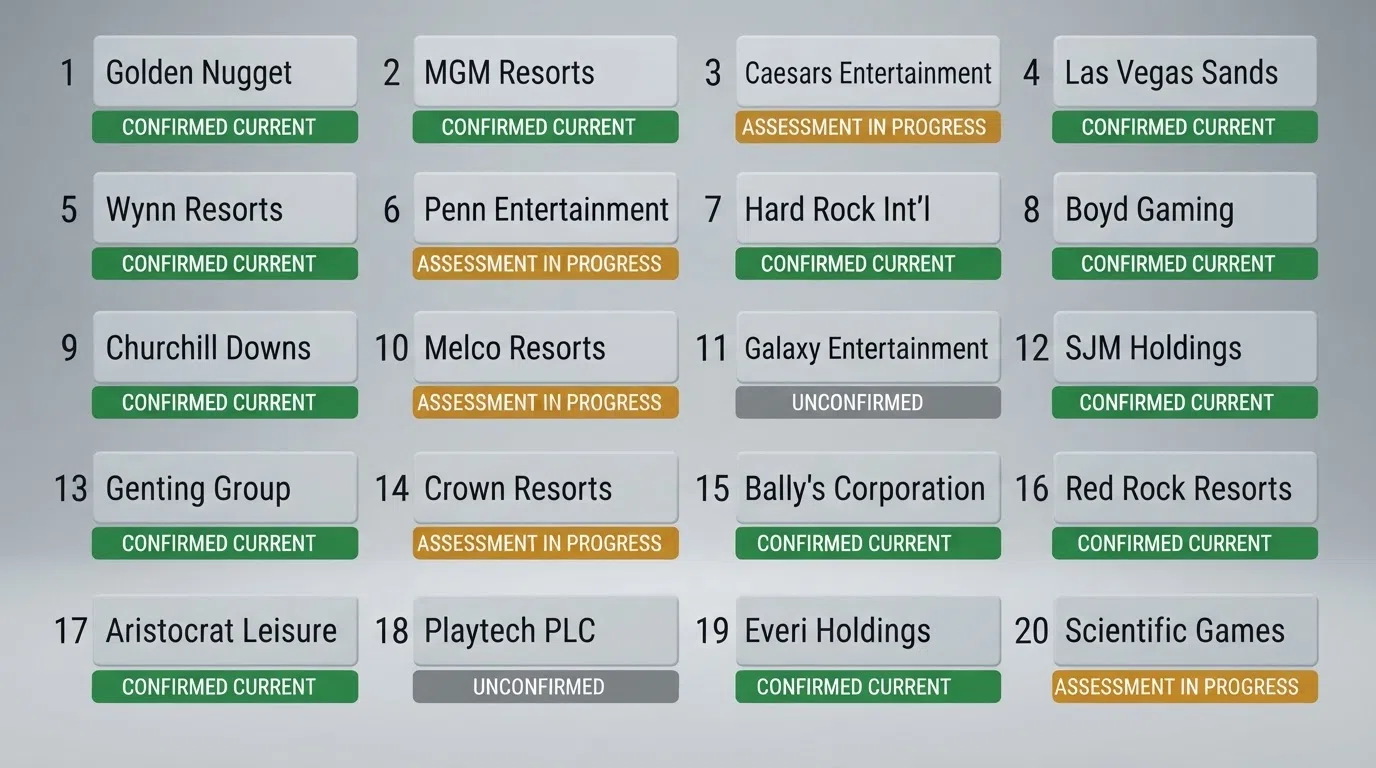 A clean visual grid showing operator logos or name tiles arranged in ranked order, each with a colour-coded licence-status indicator and a wagering-multiple badge beneath it — green for confirmed current, amber for assessment in progress, grey for unconfirmed.