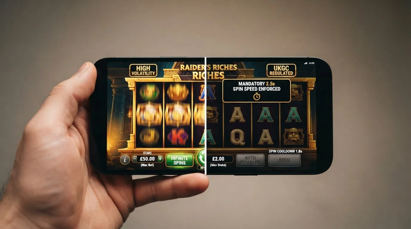 A split comparison: on the left a slot game screen with auto-play and stake controls visible, on the right the same interface with a UKGC-required stake-cap overlay and auto-play greyed out