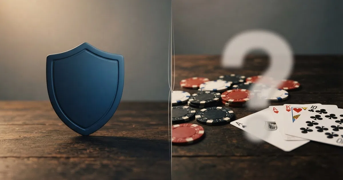 A split composition: on the left, the UK Gambling Commission logo with a protective shield icon; on the right, generic casino chips and playing cards with a question mark overlay, the two sides separated by a subtle divide