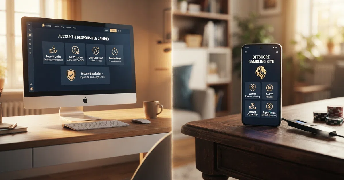 A conceptual split image contrasting the UKGC licensing seal and player-protection icons on one side with offshore casino jurisdictions and crypto payment symbols on the other