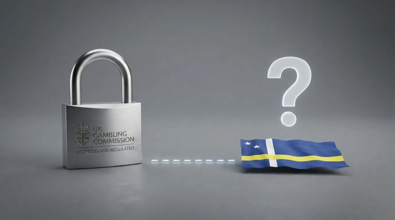 A split visual — on the left, a UKGC logo and a padlock; on the right, a question mark over a Curaçao flag, with a dashed line representing the gap between them.