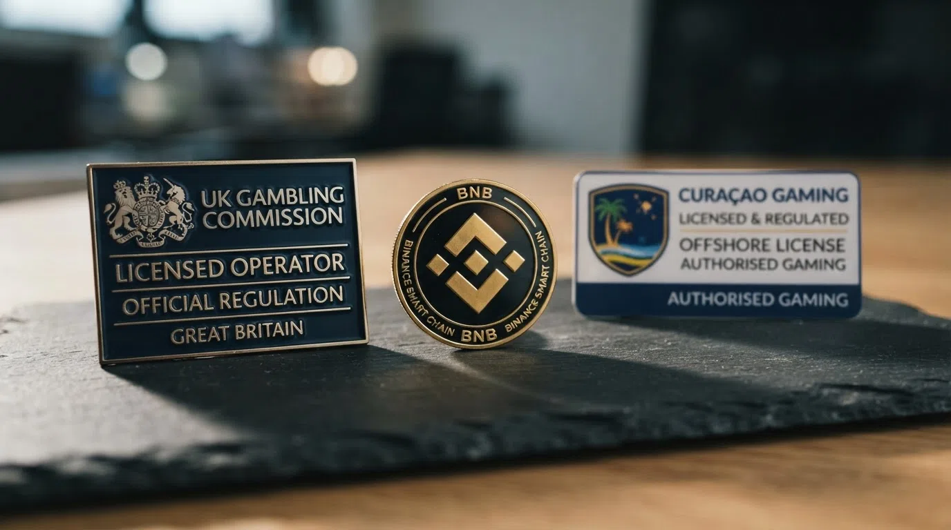 A split visual contrasting a UK Gambling Commission licence badge on the left with a Curaçao gaming licence badge on the right, overlaid with a BNB token and a question mark