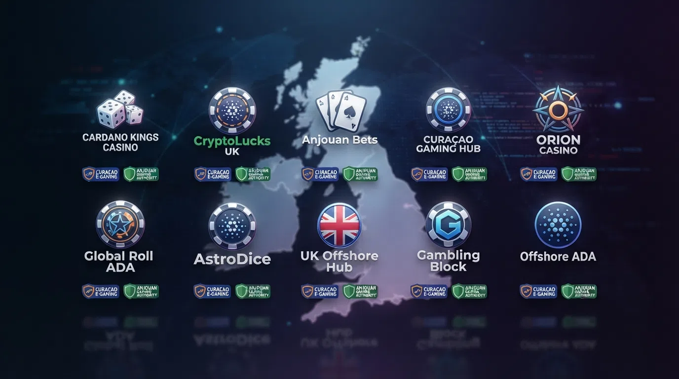 A side-by-side grid of casino brand logos and licence badges arranged across a dark background, with a UK map outline faded behind them to signal the regulatory distance