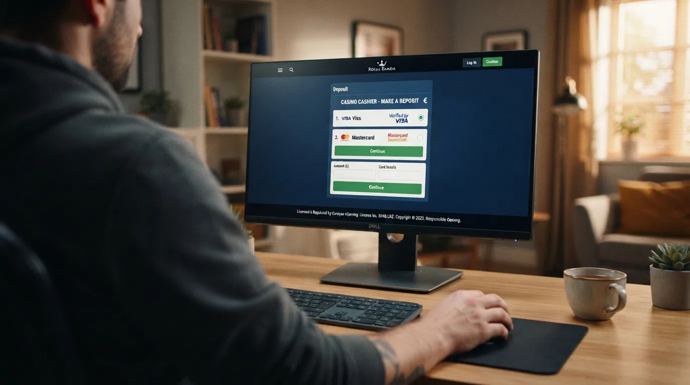 A desktop-view casino cashier screen showing Visa and Mastercard as available deposit options, with a Curaçao licence badge visible in the footer