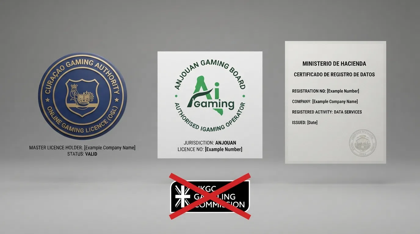 Three licence certificates arranged side by side, each styled to evoke its issuing jurisdiction: a Curaçao Gaming Authority OGL seal, an Anjouan iGaming Authority badge, and a Costa Rica data-registration document — with a UKGC licence badge crossed out beneath them for contrast.