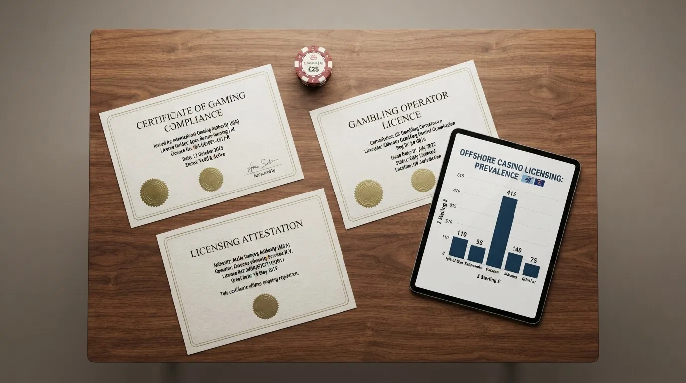 A desk with printed casino licence certificates beside a tablet showing a ranked comparison table with Ethereum branding