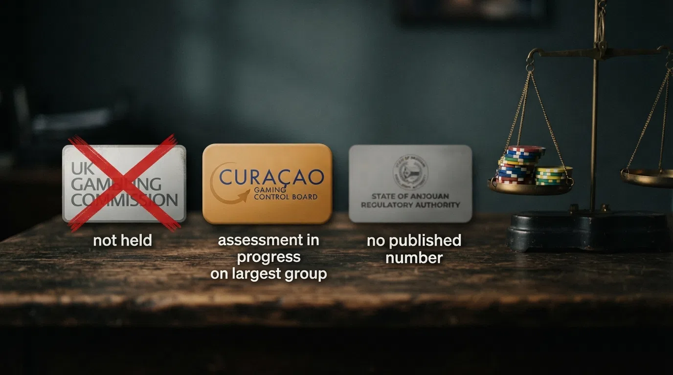 Three licence badges side by side — UKGC (red-crossed, "not held"), Curaçao CGA (amber, "assessment in progress on largest group"), and Anjouan (grey, "no published number") — above a balance scale weighing player protections against operator freedoms.