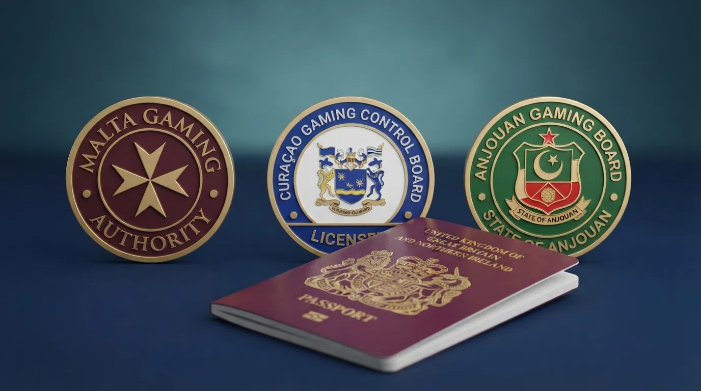 Three regulatory seals side by side — MGA, Curaçao Gaming Control Board and Anjouan Gaming Board — with a UK passport overlaid, illustrating the licence hierarchy a UK player encounters offshore.