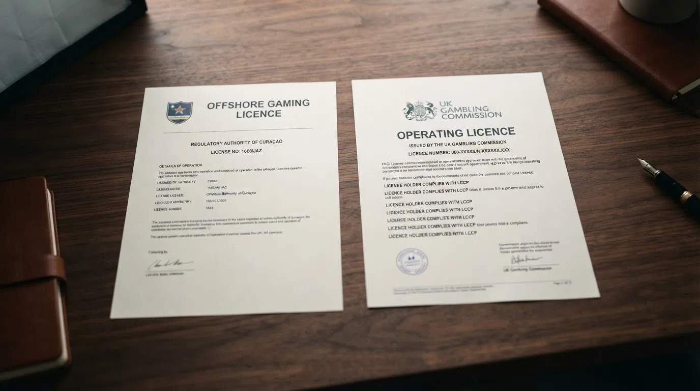 A close-up of a Curaçao eGaming licence document beside a UK Gambling Commission logo, illustrating the regulatory gap