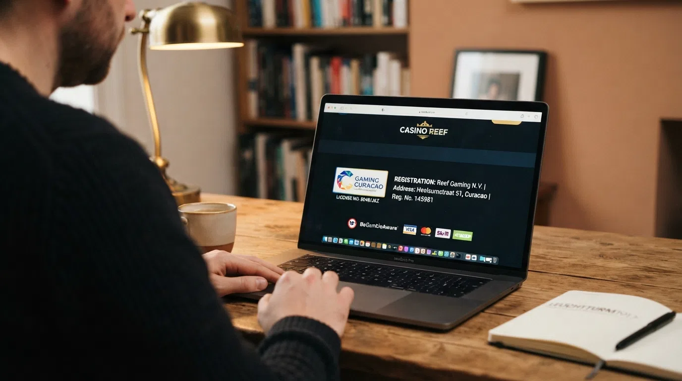 The footer of a casino website displaying a Curaçao gaming licence seal and registration number, with no UKGC badge present