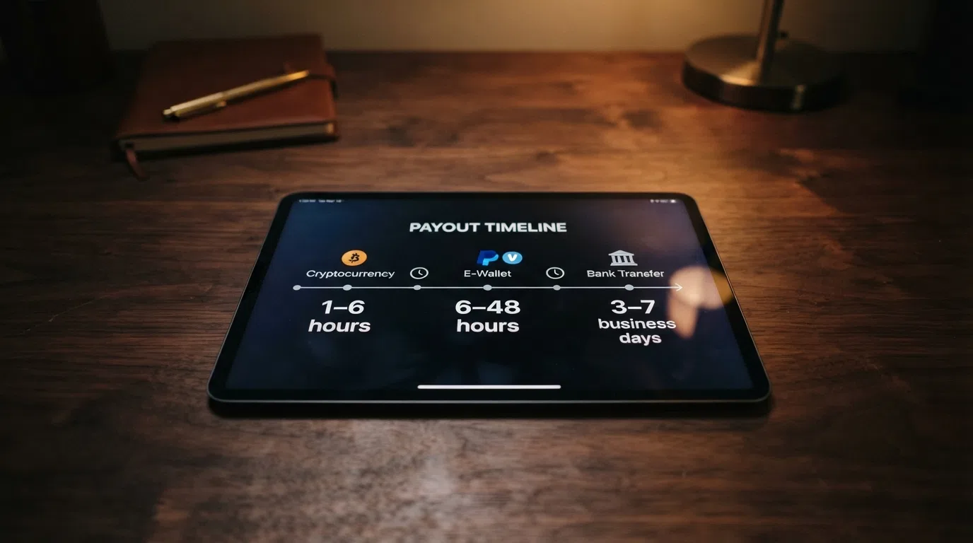 A horizontal timeline graphic showing three payment methods — Bitcoin (1–6 hours), e-wallet (6–48 hours), bank transfer (3–7 business days) — with a clock icon marking each stage