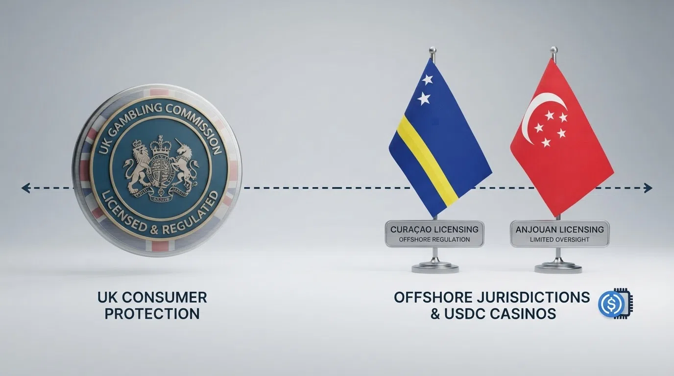 An illustrated comparison showing a UK Gambling Commission badge beside a warning icon and the flags of Curaçao and Anjouan, with a dashed line between them representing the regulatory gap