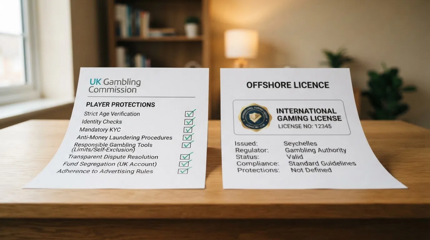 Two columns: on the left, the UKGC logo and a checklist of GB player protections; on the right, a Curaçao licence badge with question marks replacing each protection item