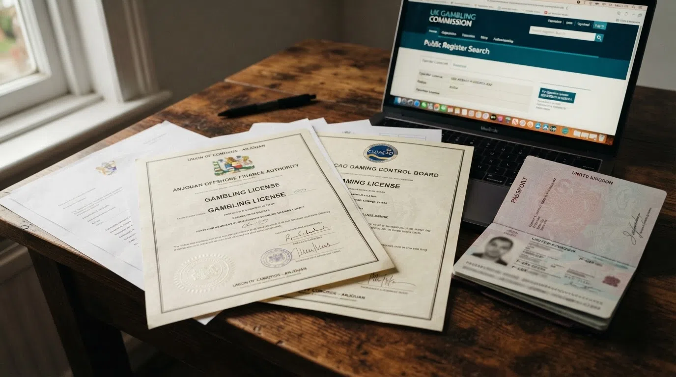 A stack of offshore gambling licence documents — Curaçao, Anjouan — laid on a desk beside a UK passport, with the Gambling Commission logo visible on a screen in the background