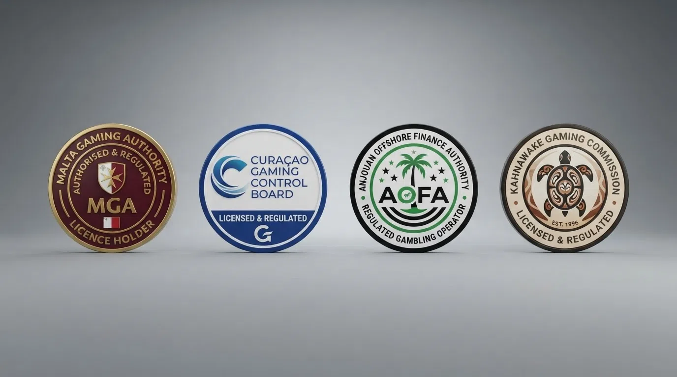 Four international gambling licence seals arranged side by side — Malta Gaming Authority, Curaçao Gaming Control Board, Anjouan Offshore Finance Authority, and Kahnawake Gaming Commission