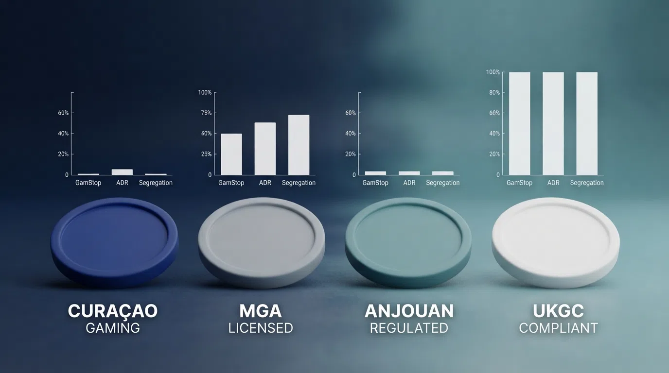 A side-by-side diagram showing the three main offshore licensing jurisdictions — Curaçao, MGA and Anjouan — with the player protections each one provides and the ones only the UKGC delivers