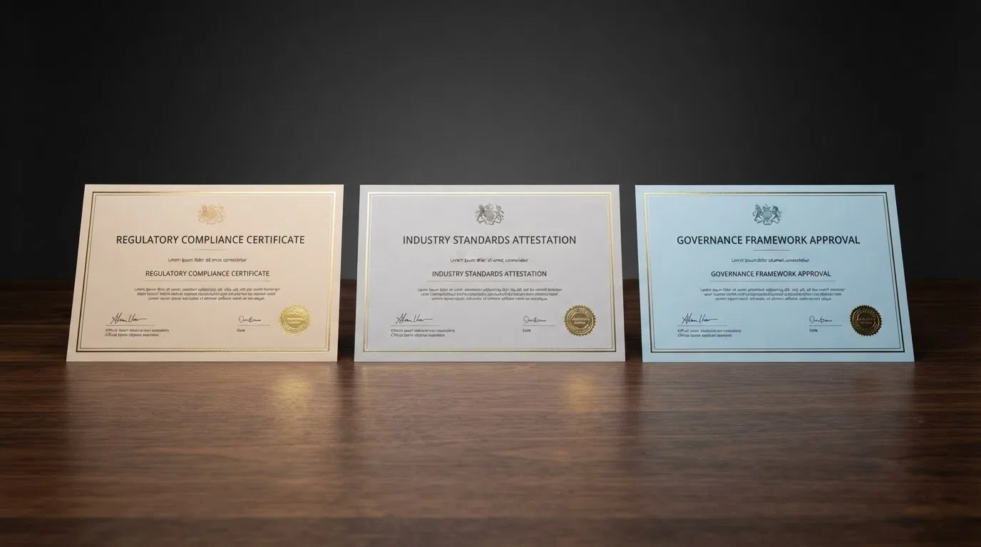 Three official-looking licence certificates laid side by side on a dark desk, each bearing the seal of a different regulatory body — Curaçao eGaming, Panama Gaming Commission, and Anjouan — with no UKGC crest among them