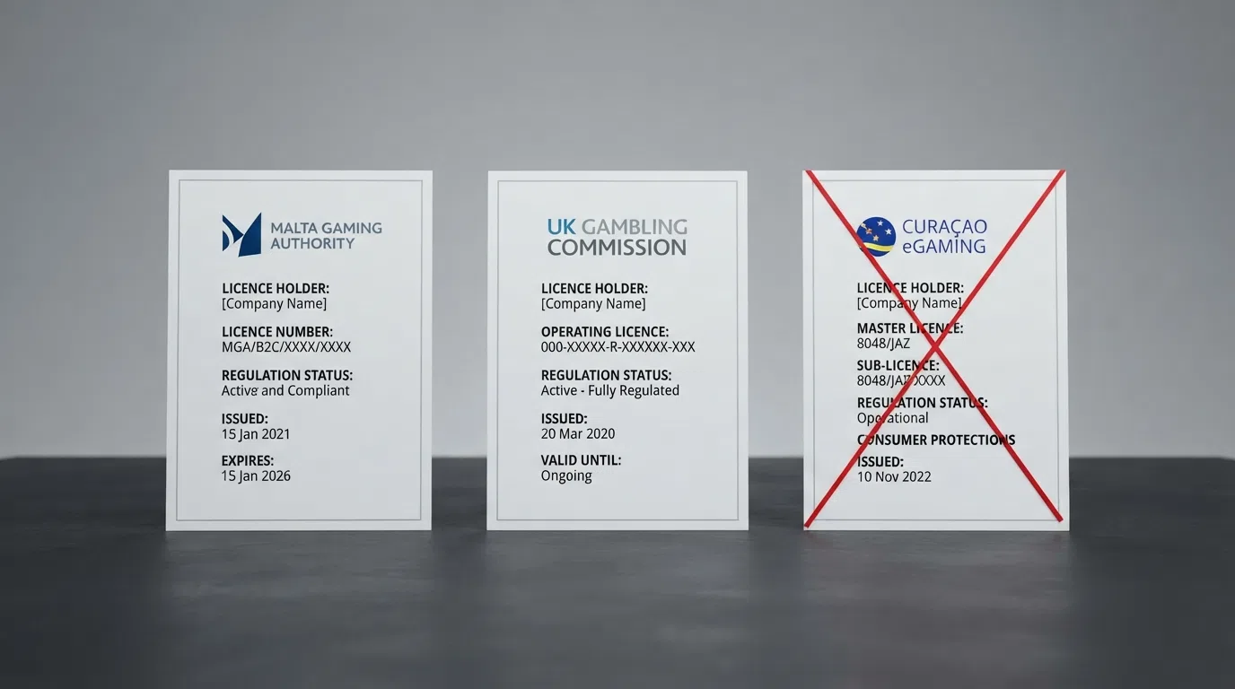 Three licence certificates side by side — MGA, Curaçao, and UKGC — with a red line drawn through the consumer protections a Curaçao licence does not guarantee