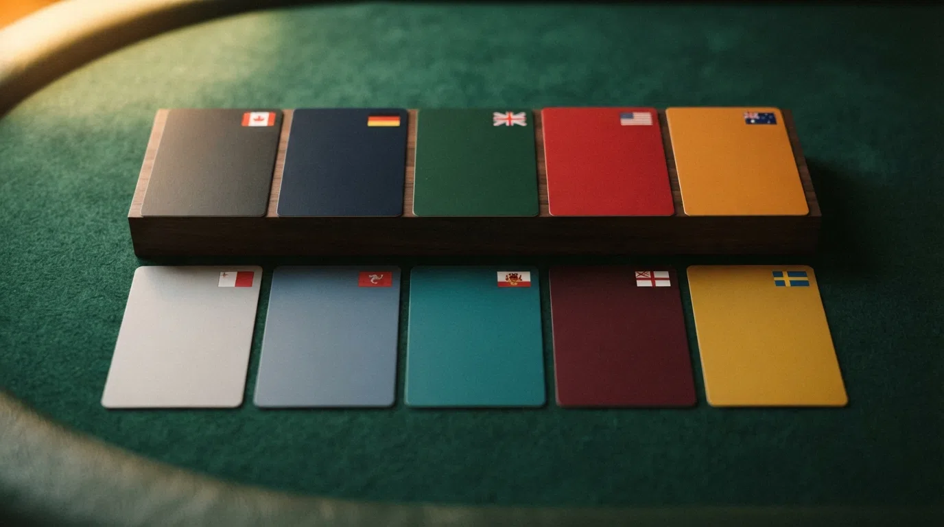 Ten casino brand cards arranged in a ranked comparison grid, each marked with its licence jurisdiction flag and a key bonus figure