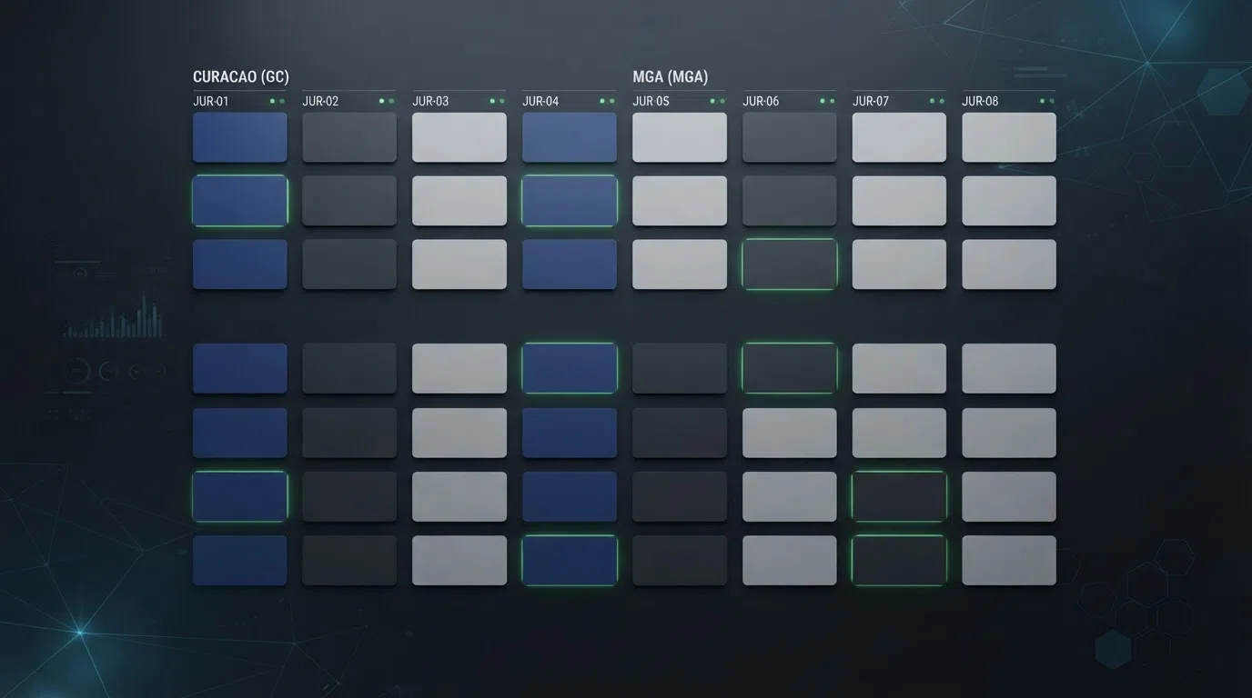 A visual comparison grid showing casino brand cards arranged by licence jurisdiction, with VPN-friendly indicators highlighted in green, set on a dark tech-themed background