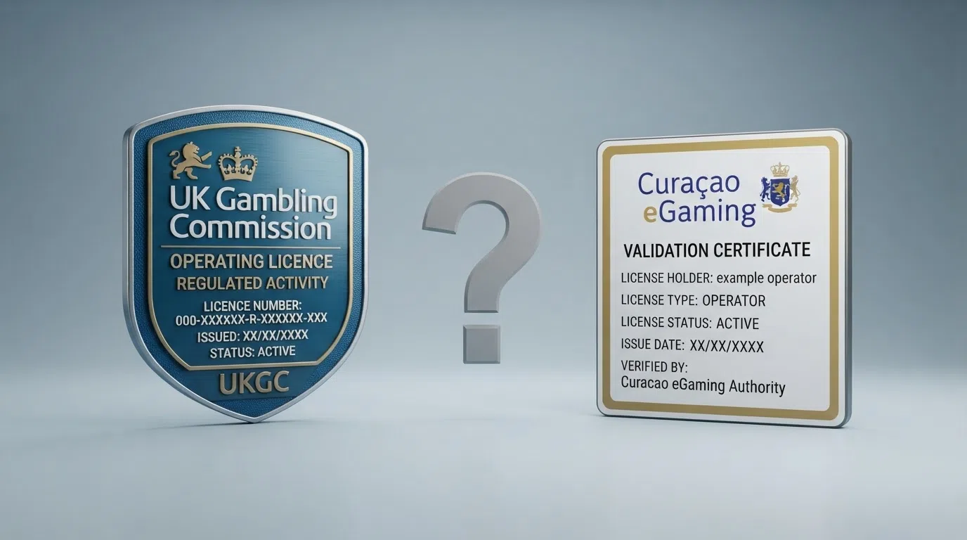 A side-by-side comparison showing a UK Gambling Commission licence seal on the left and a Curaçao eGaming certificate on the right, with a question mark between them