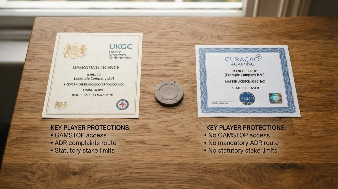 A UKGC licence certificate beside a Curaçao eGaming licence seal with key player-protection differences listed beneath each