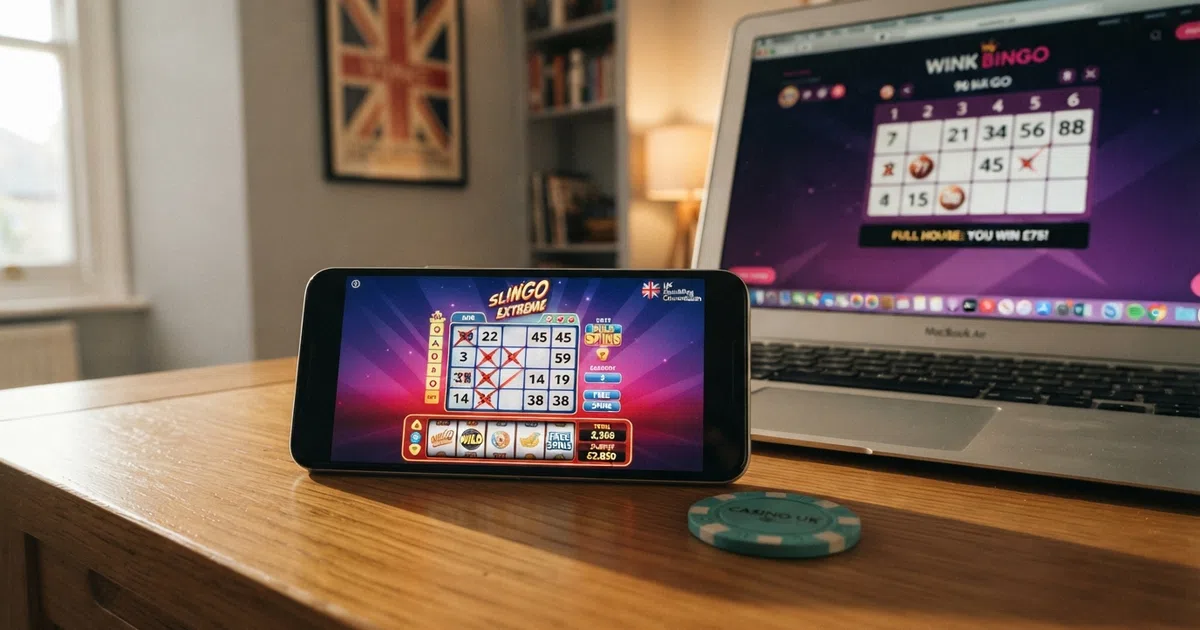 A split-screen digital illustration: on the left a brightly coloured online bingo card with numbered balls and a dabber cursor, on the right a row of slot reels showing fruit and bell symbols, connected by a glowing Slingo-style grid in the centre