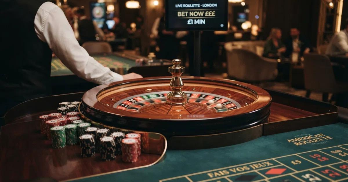 An American roulette wheel with the green 0 and 00 pockets visible between the red and black numbered slots, casino chips stacked on green felt