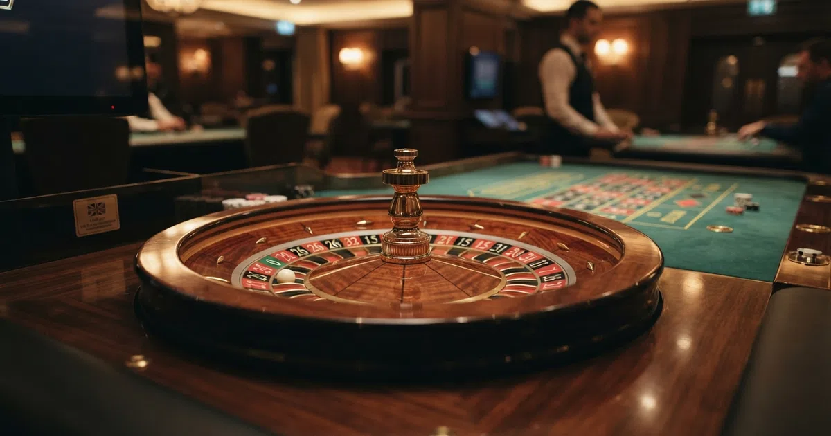 A European roulette wheel with a single green zero pocket and numbers 1 through 36 in alternating red and black, set on a green baize table under warm casino lighting