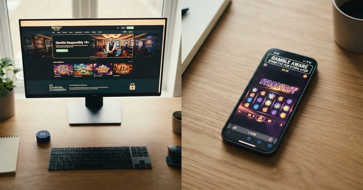 A split-screen composition: on the left, a desktop browser showing a UK-licensed casino lobby with a padlock icon and the UKGC licence number visible in the footer; on the right, a mobile phone displaying the same casino's slot game with the stake selector set to £5 and a responsible-gambling banner across the top