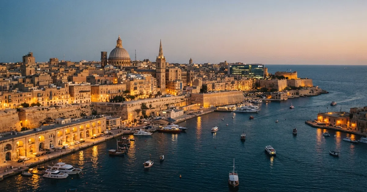 A wide aerial shot of Valletta's harbour and skyline at dusk, with the Mediterranean Sea in the background